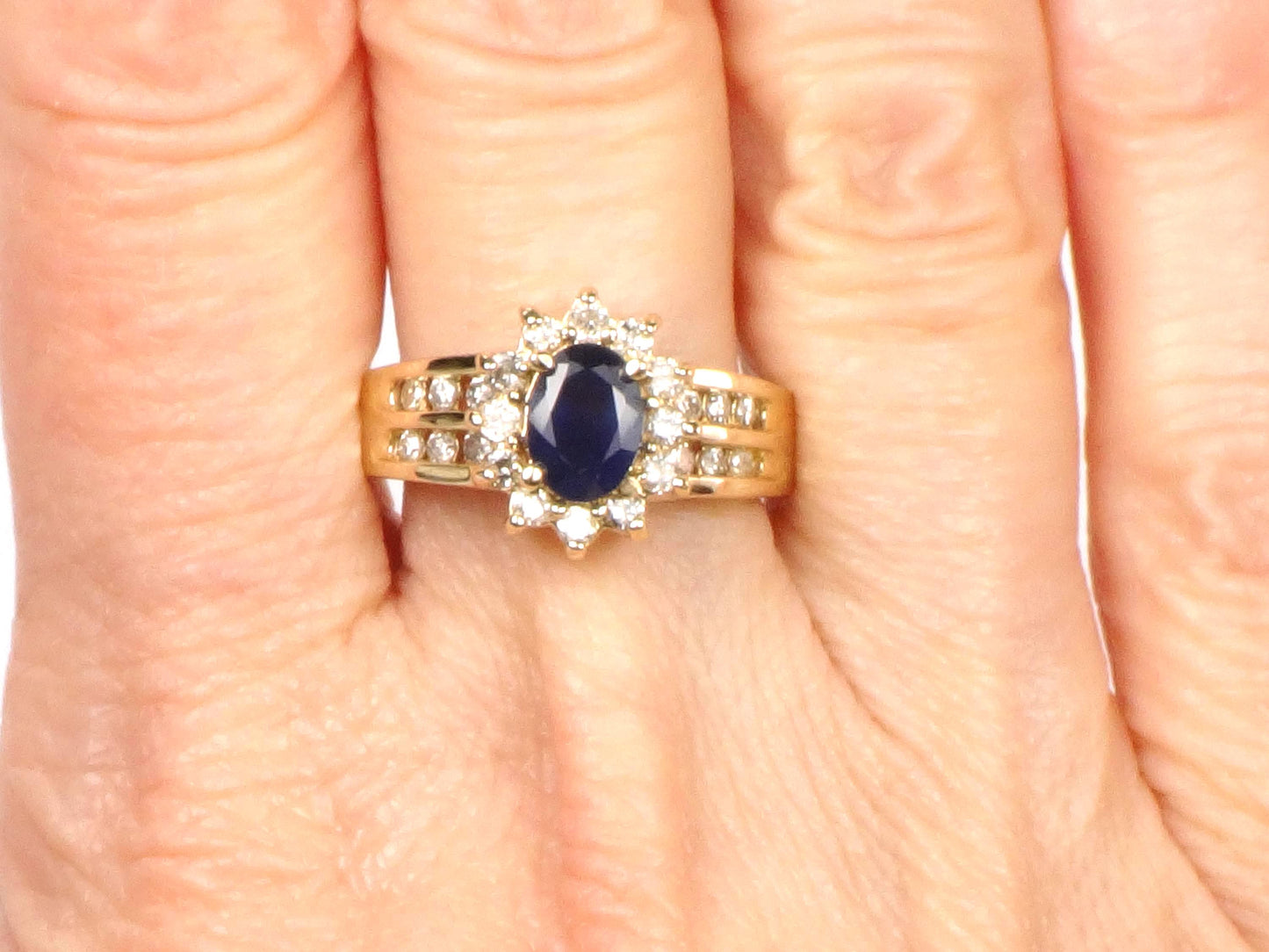 Vintage 14k Yellow Gold Oval Blue Sapphire Diamond Halo Ring, Size 7-BelmarJewelers