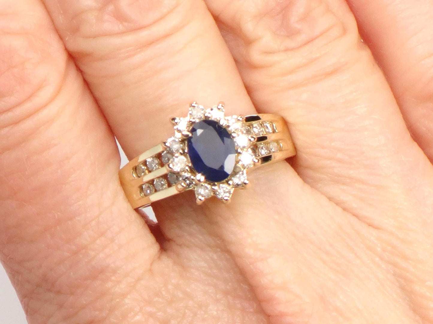 Vintage 14k Yellow Gold Oval Blue Sapphire Diamond Halo Ring, Size 7-BelmarJewelers