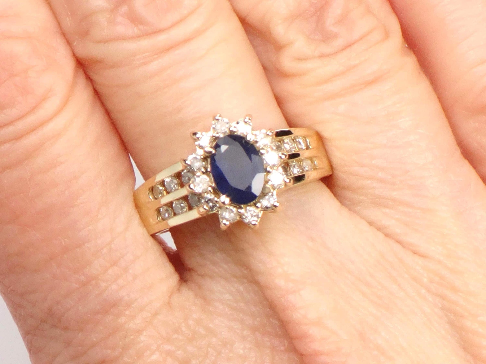 Vintage 14k Yellow Gold Oval Blue Sapphire Diamond Halo Ring, Size 7-BelmarJewelers