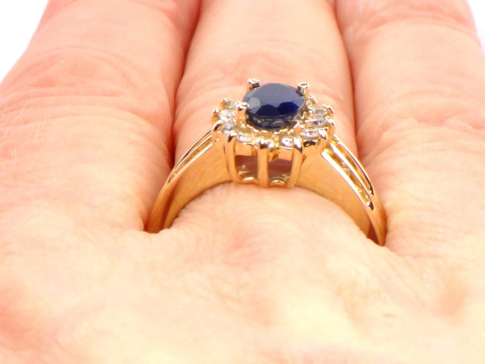Vintage 14k Yellow Gold Oval Blue Sapphire Diamond Halo Ring, Size 7-BelmarJewelers