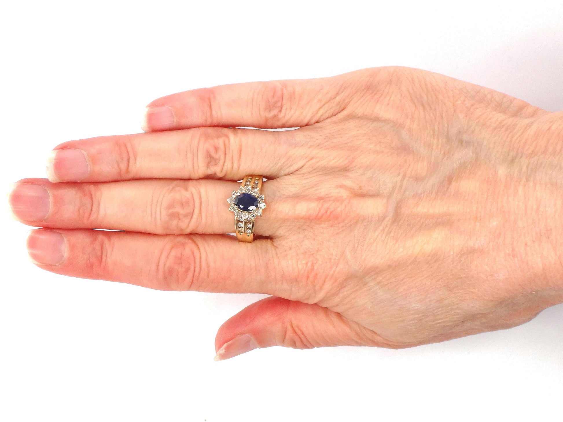 Vintage 14k Yellow Gold Oval Blue Sapphire Diamond Halo Ring, Size 7-BelmarJewelers