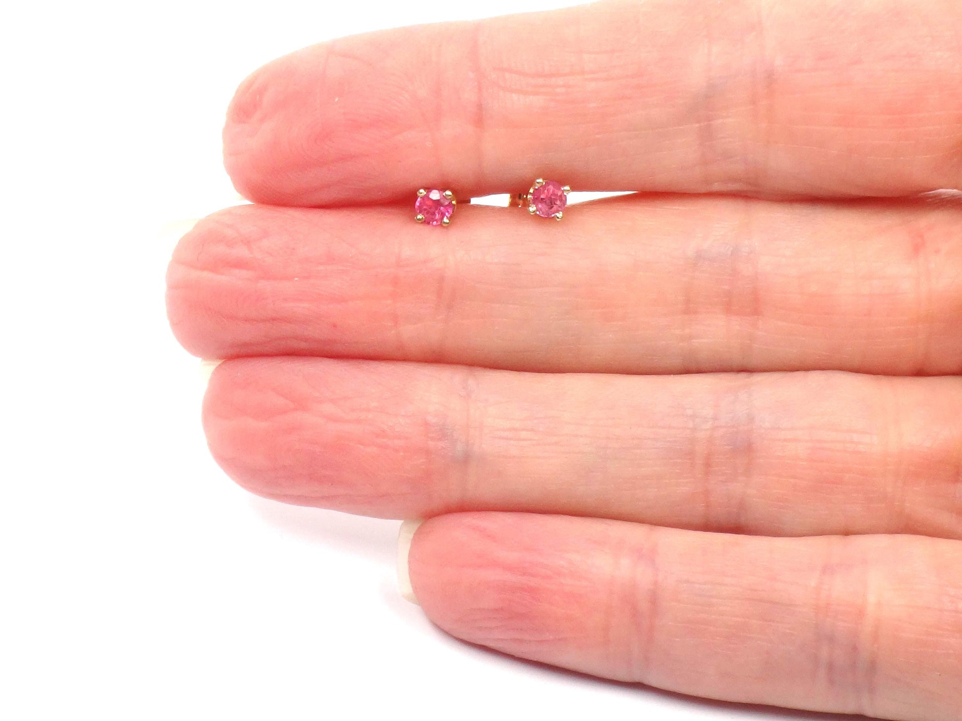 Vintage Solid Yellow Gold Natural Ruby Stud Earrings: 3mm-BelmarJewelers
