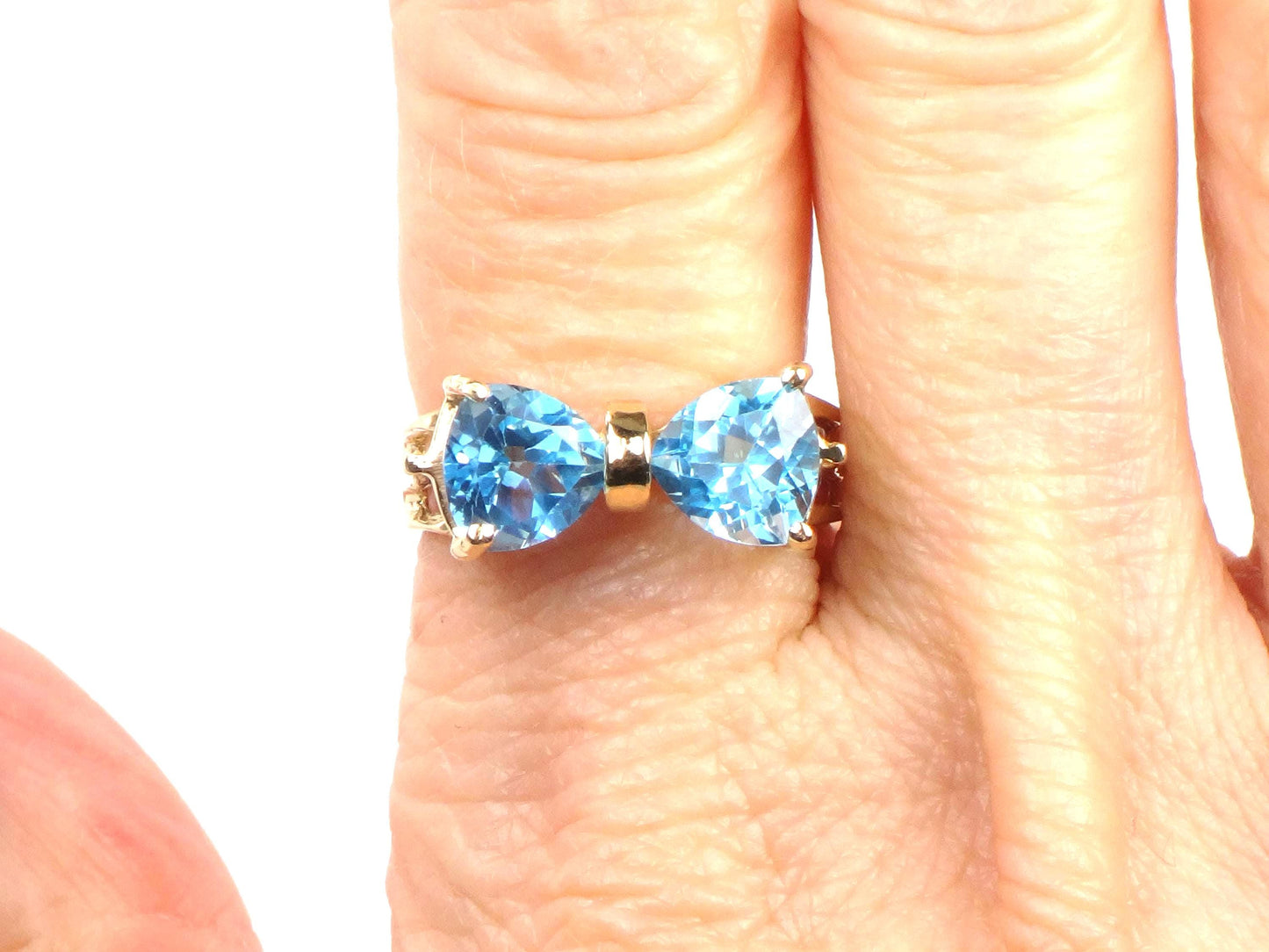 Vintage 14k Yellow Gold Blue Topaz Bow Tie Ring, Size 7.25-BelmarJewelers