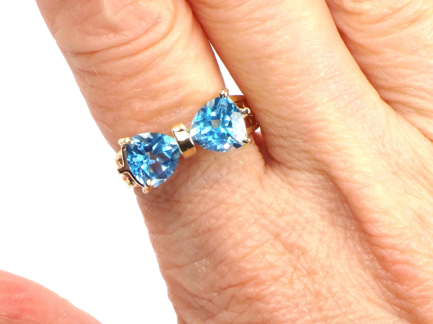 Vintage 14k Yellow Gold Blue Topaz Bow Tie Ring, Size 7.25-BelmarJewelers