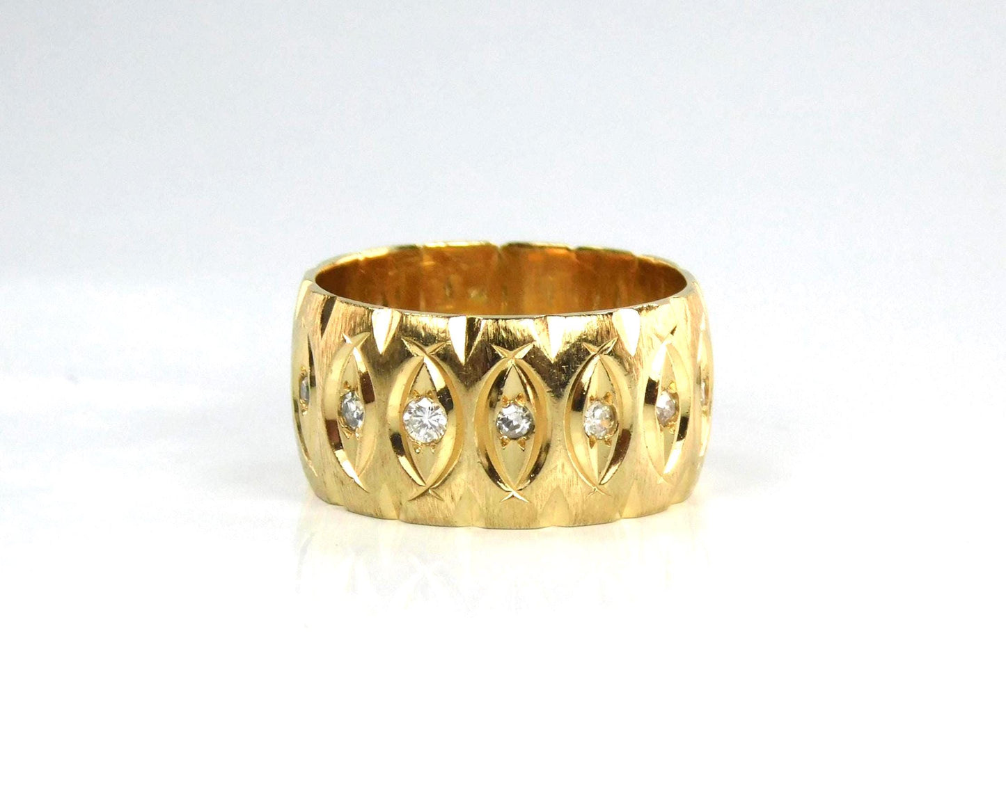 Vintage Wide 14k Yellow Gold Diamond Wedding Band, 10 MM, Size 6.75-BelmarJewelers