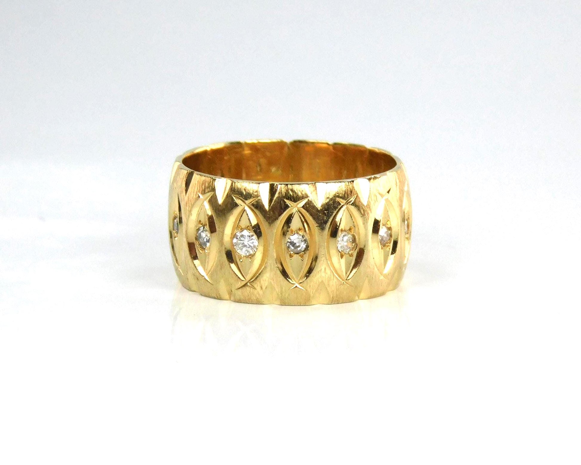 Vintage Wide 14k Yellow Gold Diamond Wedding Band, 10 MM, Size 6.75-BelmarJewelers