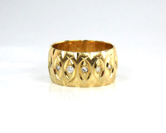 Vintage Wide 14k Yellow Gold Diamond Wedding Band, 10 MM, Size 6.75-BelmarJewelers