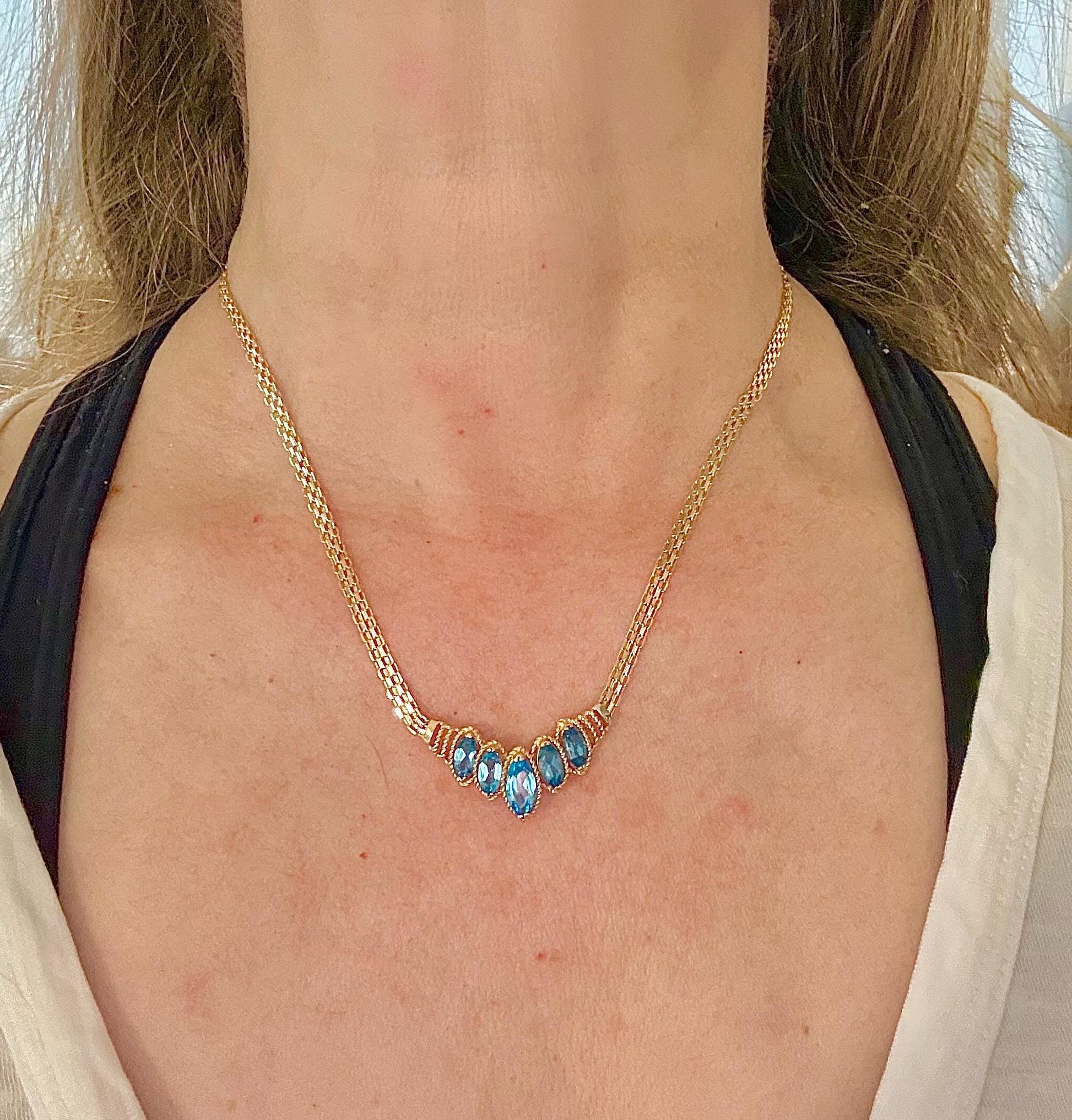 Vintage 14k Yellow Gold Marquise Cut Blue Topaz Necklace - 1990s, 17.5"-BelmarJewelers