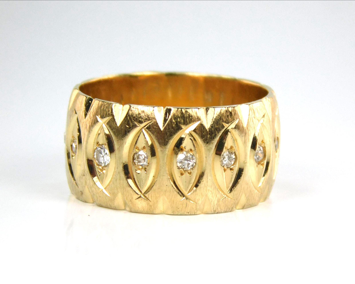 Vintage Wide 14k Yellow Gold Diamond Wedding Band, 10 MM, Size 6.75-BelmarJewelers