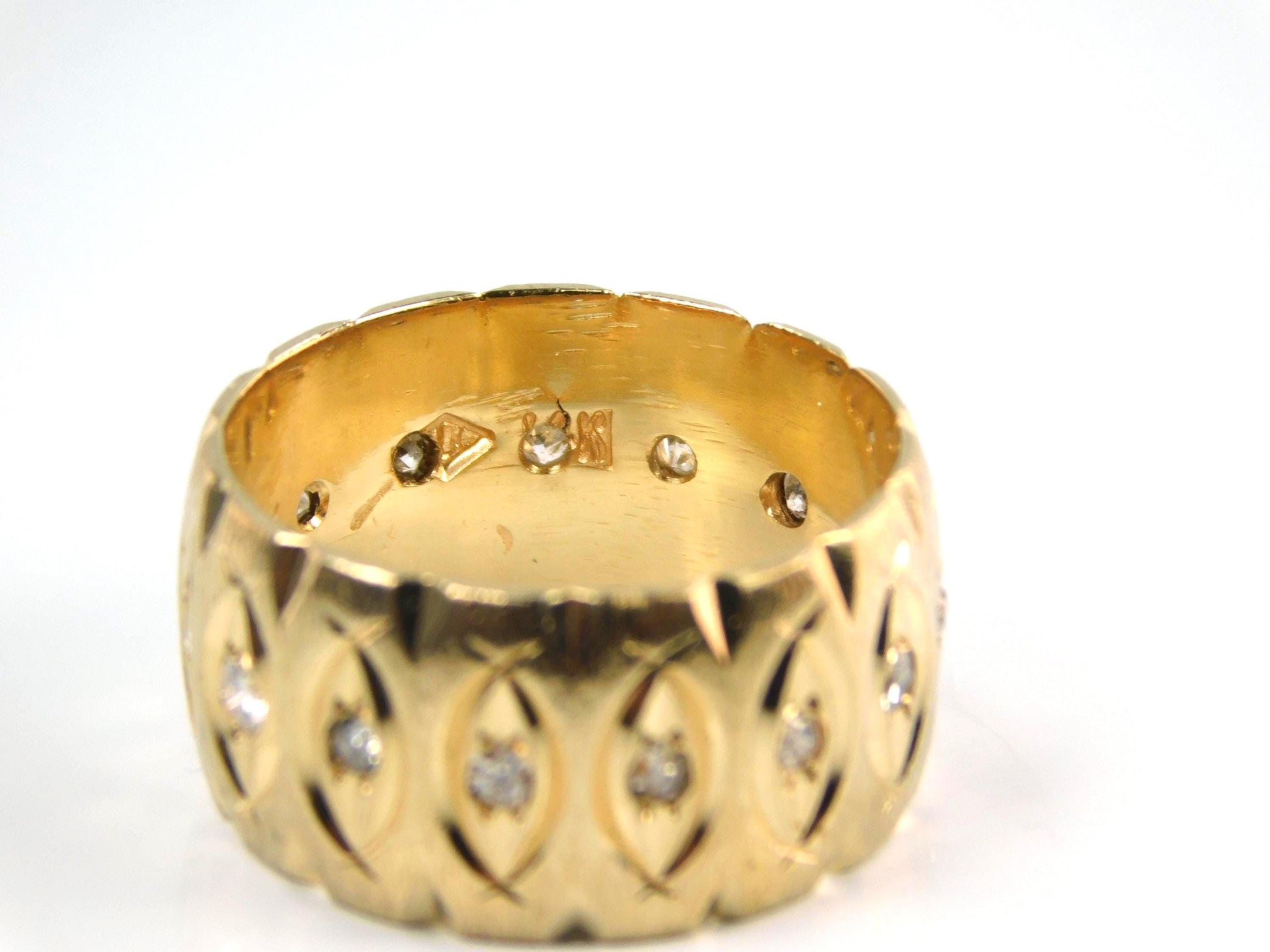 Vintage Wide 14k Yellow Gold Diamond Wedding Band, 10 MM, Size 6.75-BelmarJewelers