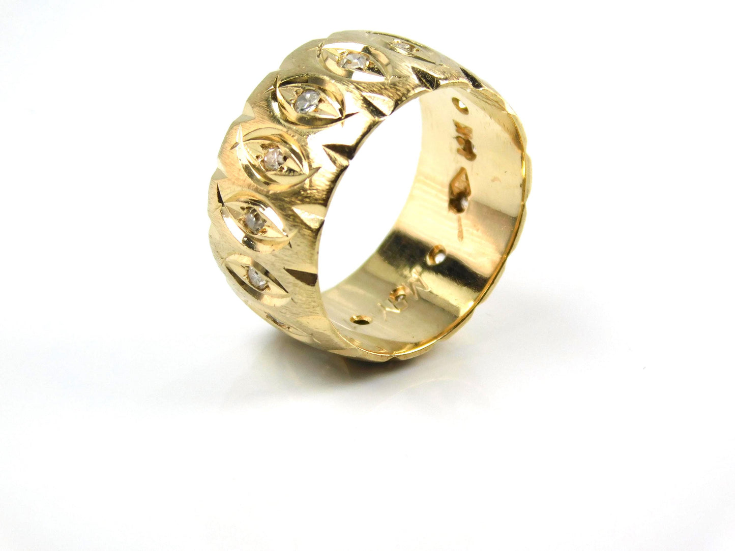 Vintage Wide 14k Yellow Gold Diamond Wedding Band, 10 MM, Size 6.75-BelmarJewelers