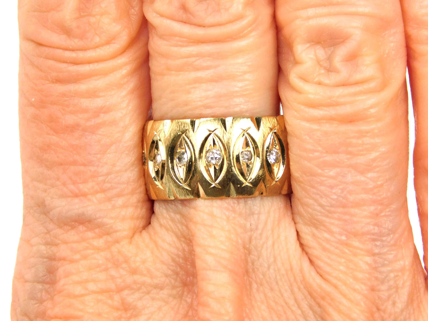 Vintage Wide 14k Yellow Gold Diamond Wedding Band, 10 MM, Size 6.75-BelmarJewelers