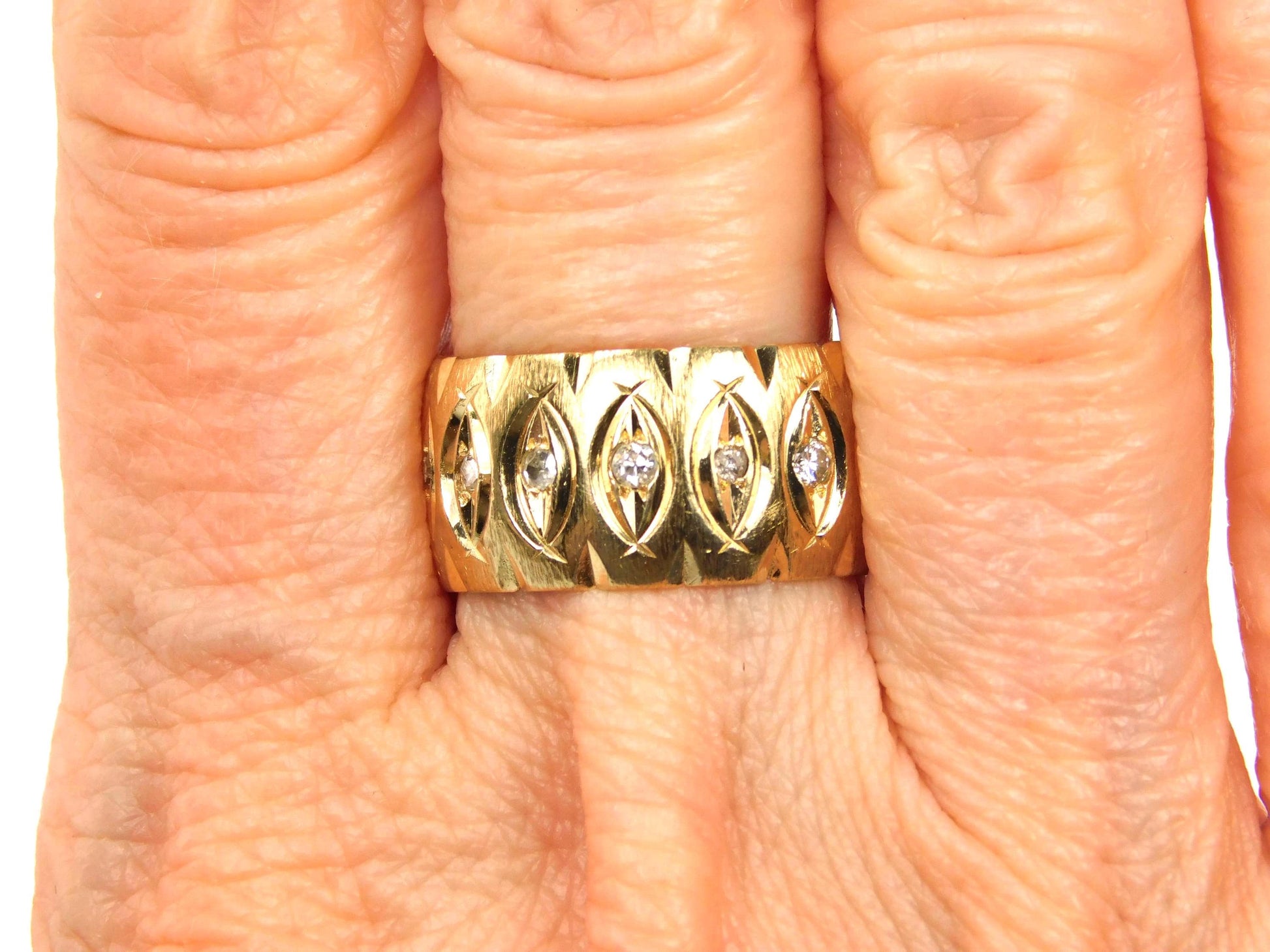 Vintage Wide 14k Yellow Gold Diamond Wedding Band, 10 MM, Size 6.75-BelmarJewelers