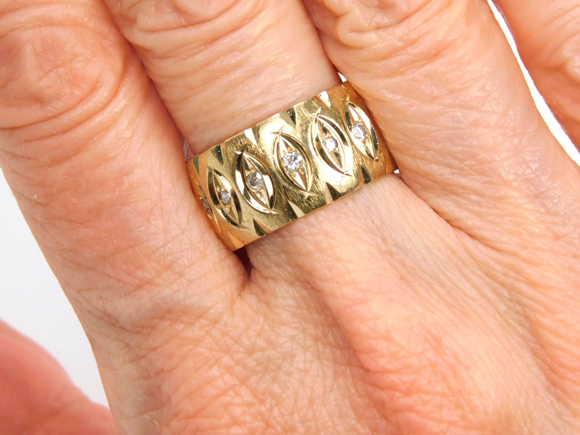 Vintage Wide 14k Yellow Gold Diamond Wedding Band, 10 MM, Size 6.75-BelmarJewelers