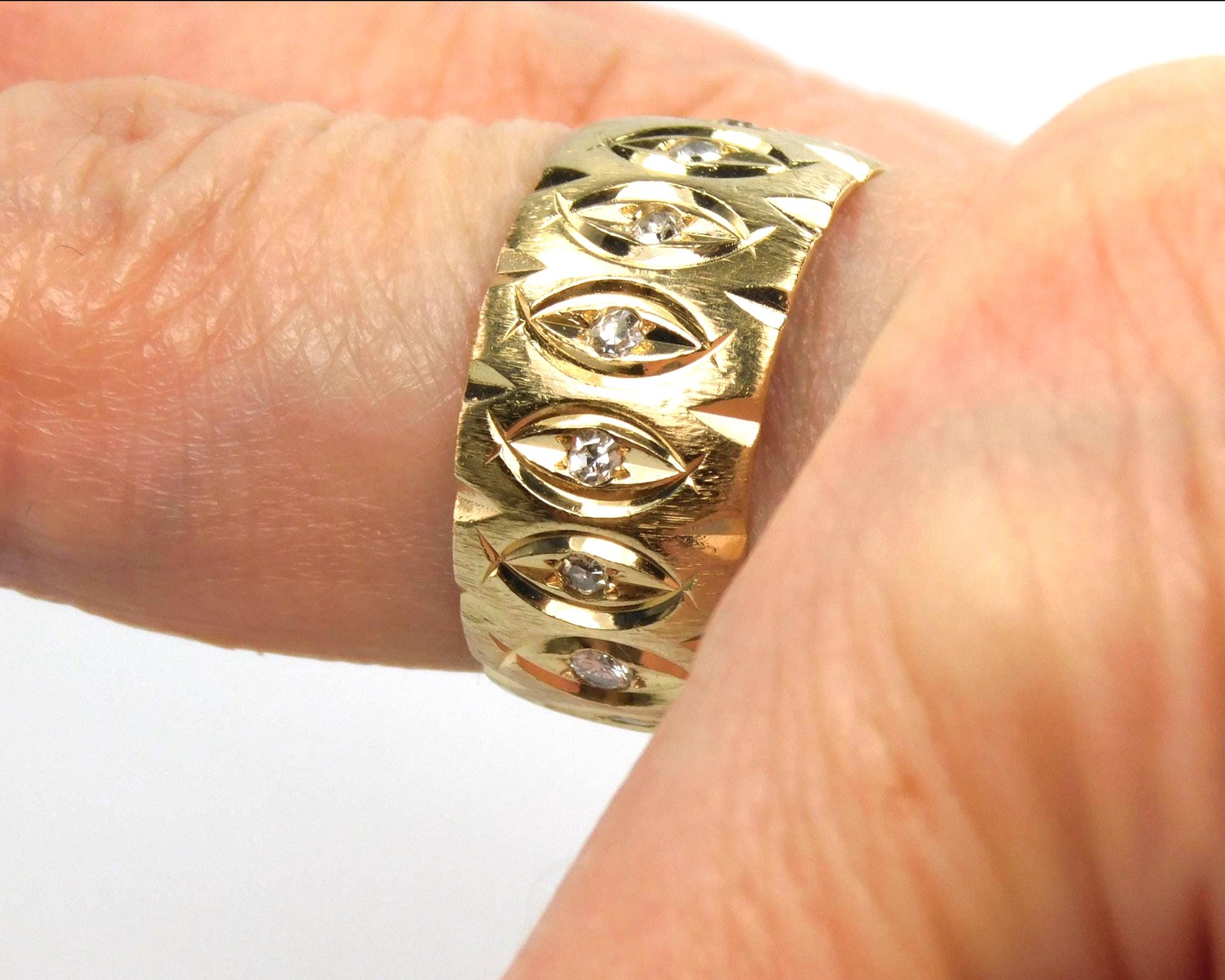 Vintage Wide 14k Yellow Gold Diamond Wedding Band, 10 MM, Size 6.75-BelmarJewelers