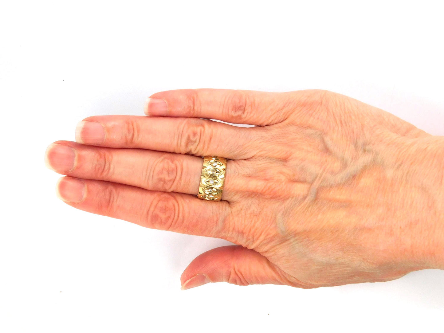 Vintage Wide 14k Yellow Gold Diamond Wedding Band, 10 MM, Size 6.75-BelmarJewelers