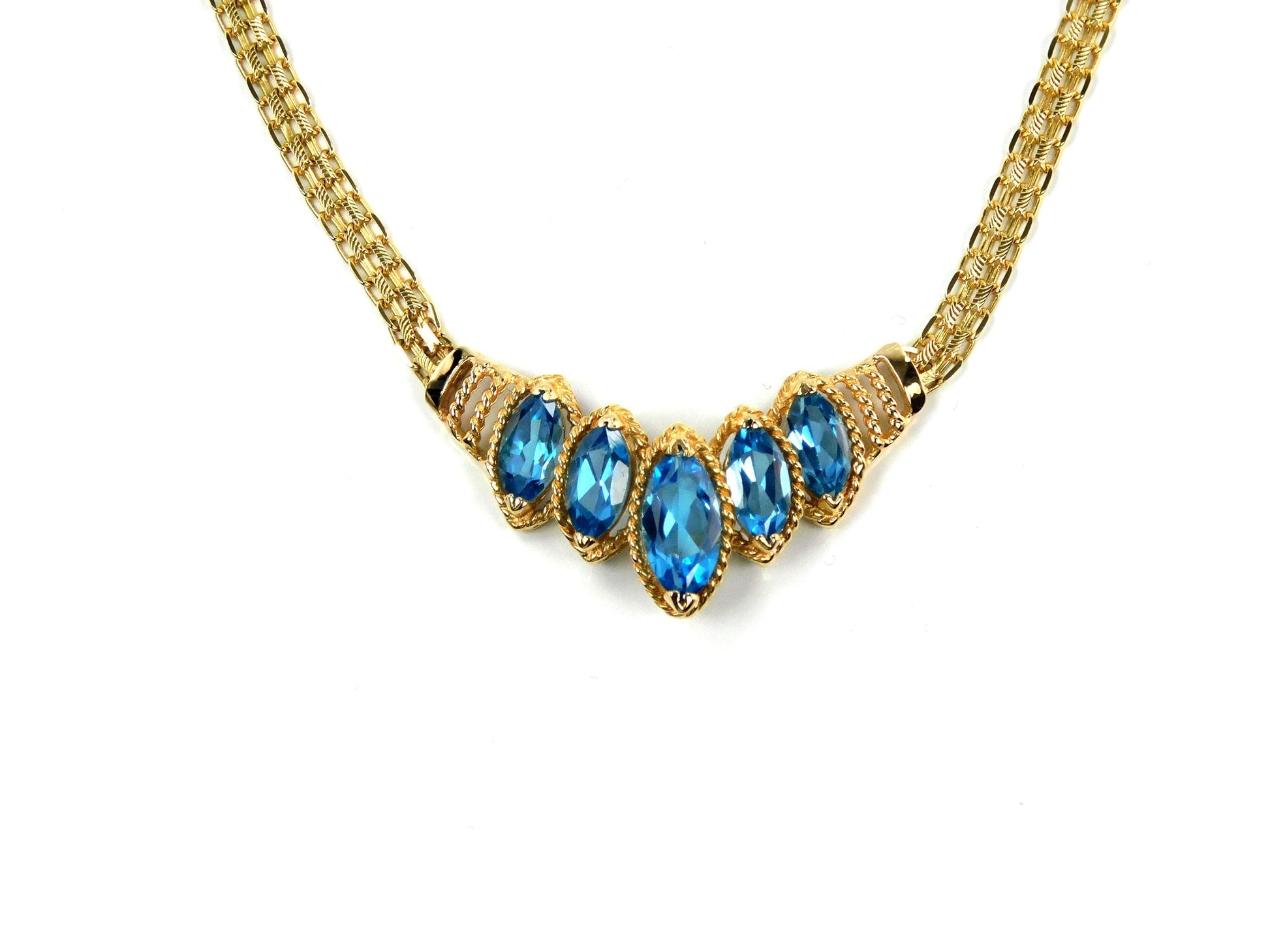 Vintage 14k Yellow Gold Marquise Cut Blue Topaz Necklace - 1990s, 17.5"-BelmarJewelers