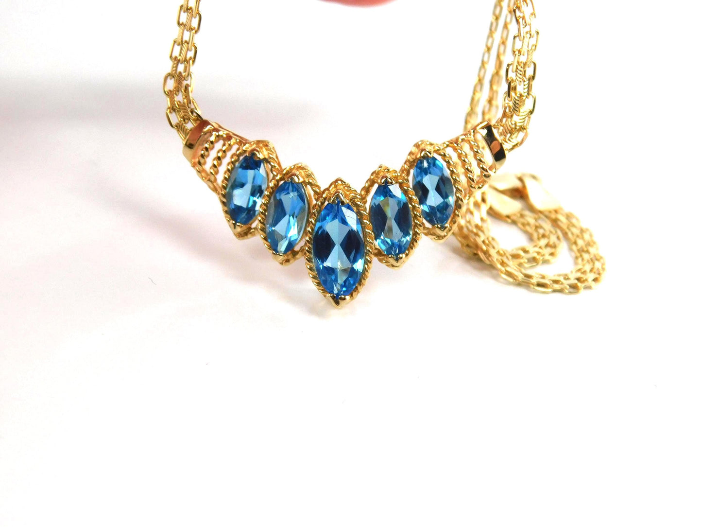 Vintage 14k Yellow Gold Marquise Cut Blue Topaz Necklace - 1990s, 17.5"-BelmarJewelers