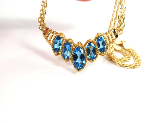 Vintage 14k Yellow Gold Marquise Cut Blue Topaz Necklace - 1990s, 17.5"-BelmarJewelers