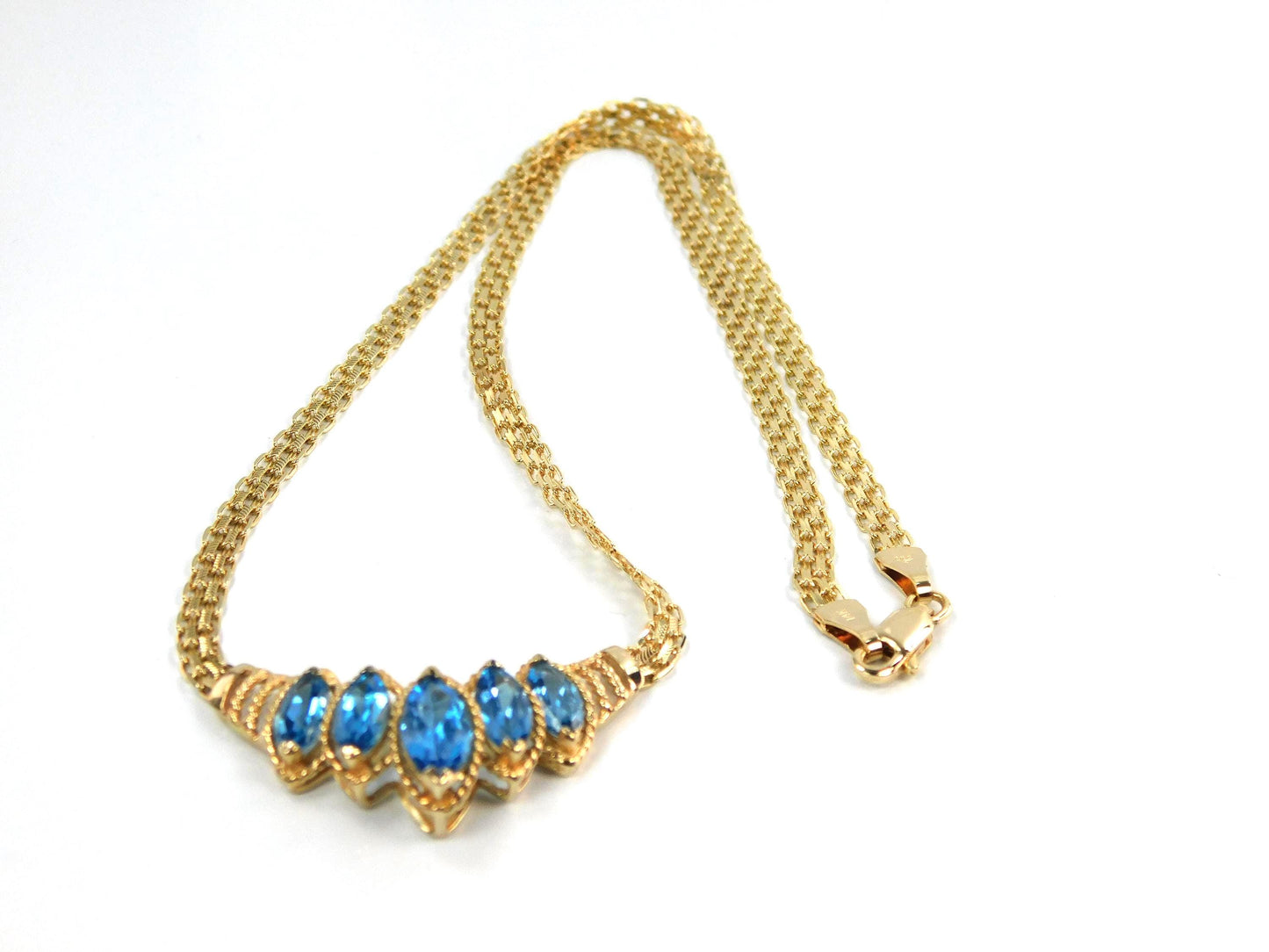 Vintage 14k Yellow Gold Marquise Cut Blue Topaz Necklace - 1990s, 17.5"-BelmarJewelers