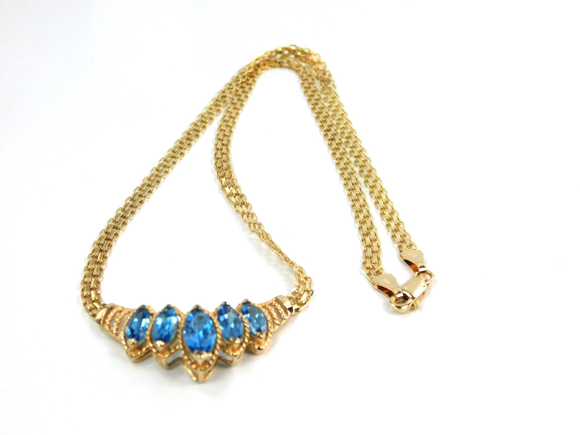 Vintage 14k Yellow Gold Marquise Cut Blue Topaz Necklace - 1990s, 17.5"-BelmarJewelers