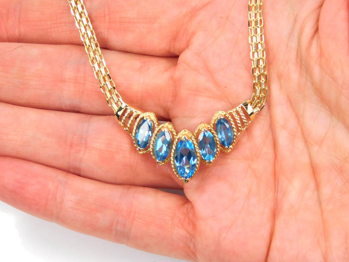 Vintage 14k Yellow Gold Marquise Cut Blue Topaz Necklace - 1990s, 17.5"-BelmarJewelers