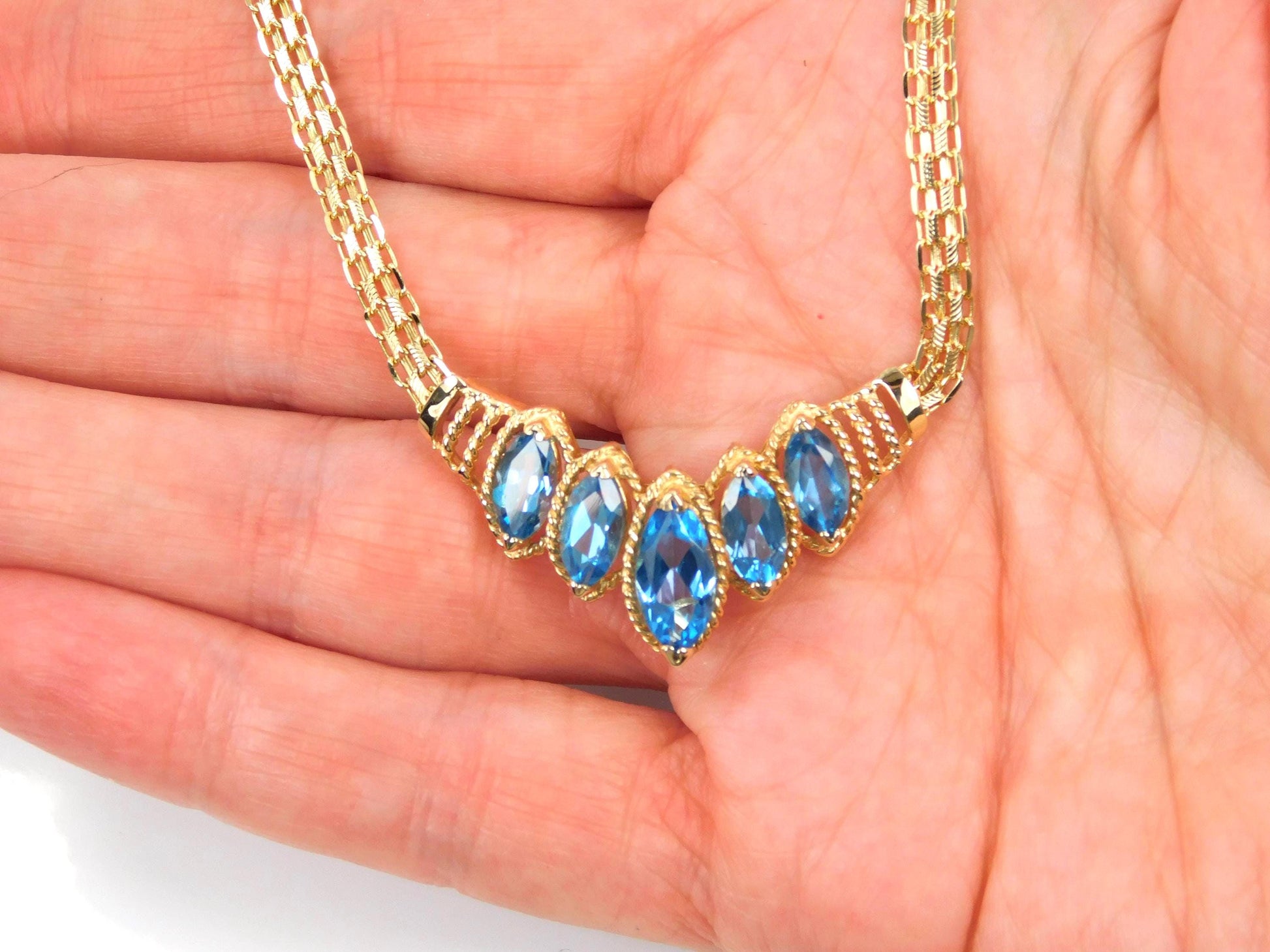 Vintage 14k Yellow Gold Marquise Cut Blue Topaz Necklace - 1990s, 17.5"-BelmarJewelers