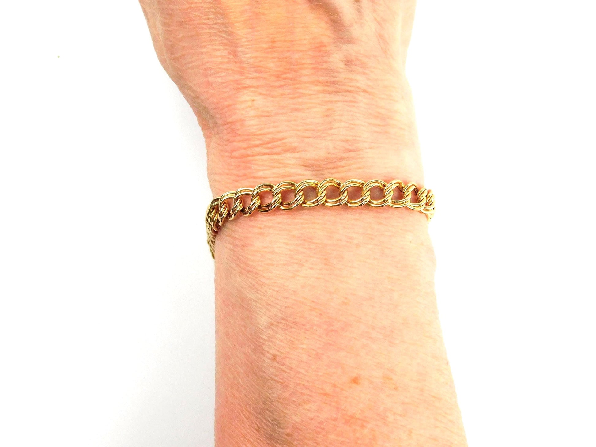 Vintage 14k Yellow Gold Double Link Charm Bracelet, 7.5"-BelmarJewelers