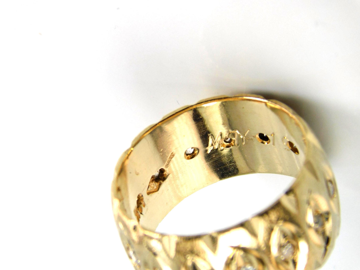 Vintage Wide 14k Yellow Gold Diamond Wedding Band, 10 MM, Size 6.75-BelmarJewelers