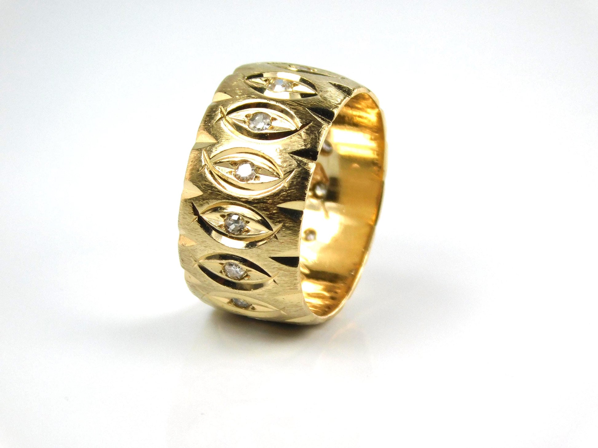 Vintage Wide 14k Yellow Gold Diamond Wedding Band, 10 MM, Size 6.75-BelmarJewelers