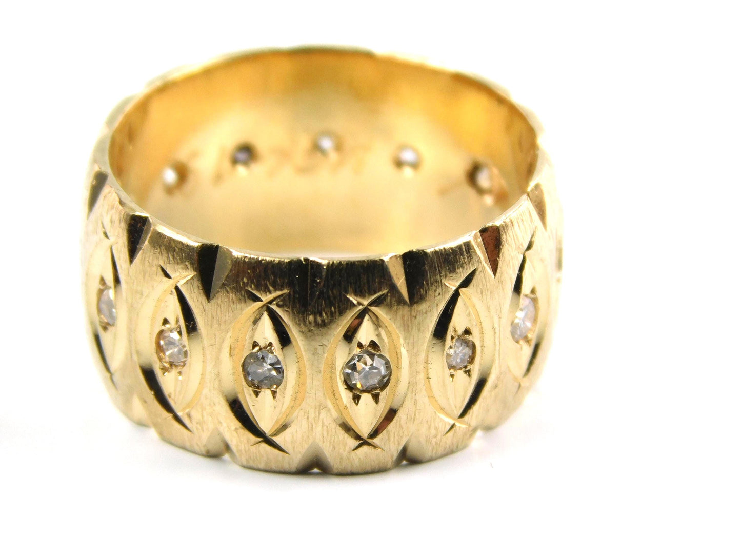 Vintage Wide 14k Yellow Gold Diamond Wedding Band, 10 MM, Size 6.75-BelmarJewelers