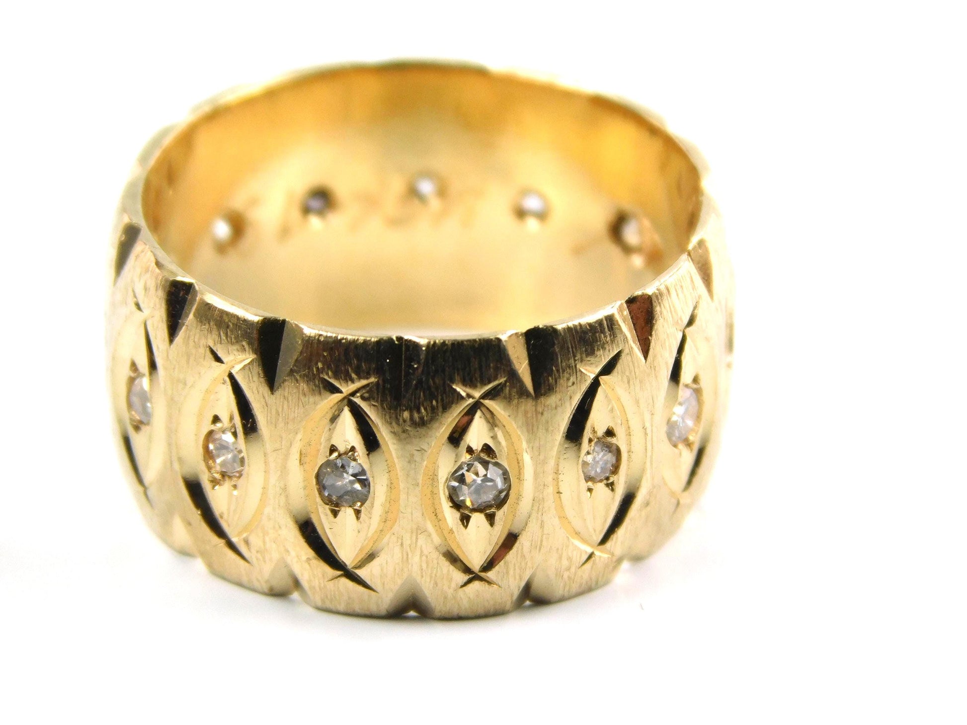 Vintage Wide 14k Yellow Gold Diamond Wedding Band, 10 MM, Size 6.75-BelmarJewelers