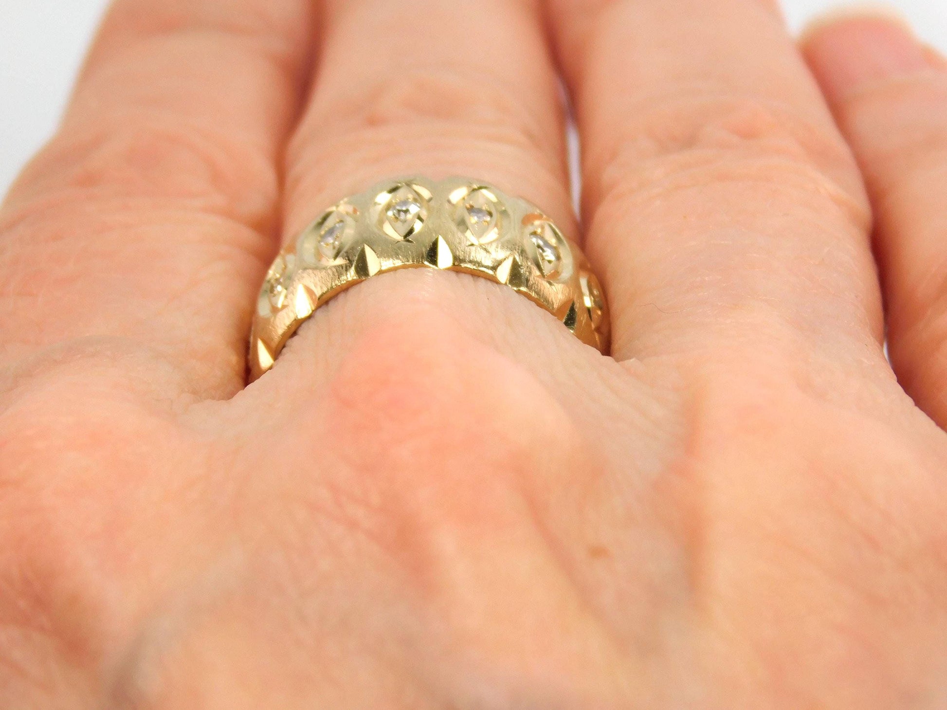 Vintage Wide 14k Yellow Gold Diamond Wedding Band, 10 MM, Size 6.75-BelmarJewelers