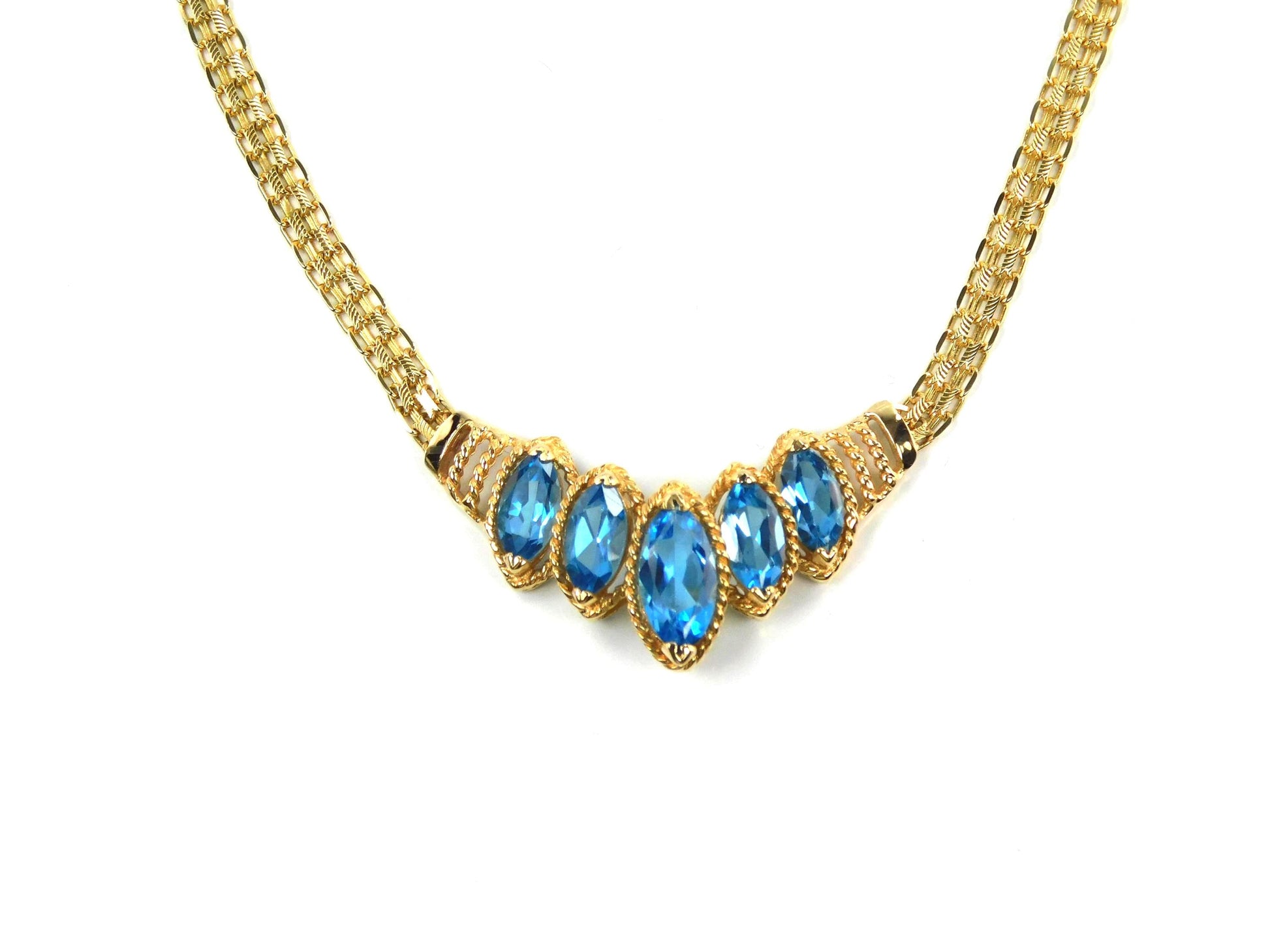 Vintage 14k Yellow Gold Marquise Cut Blue Topaz Necklace - 1990s, 17.5"-BelmarJewelers