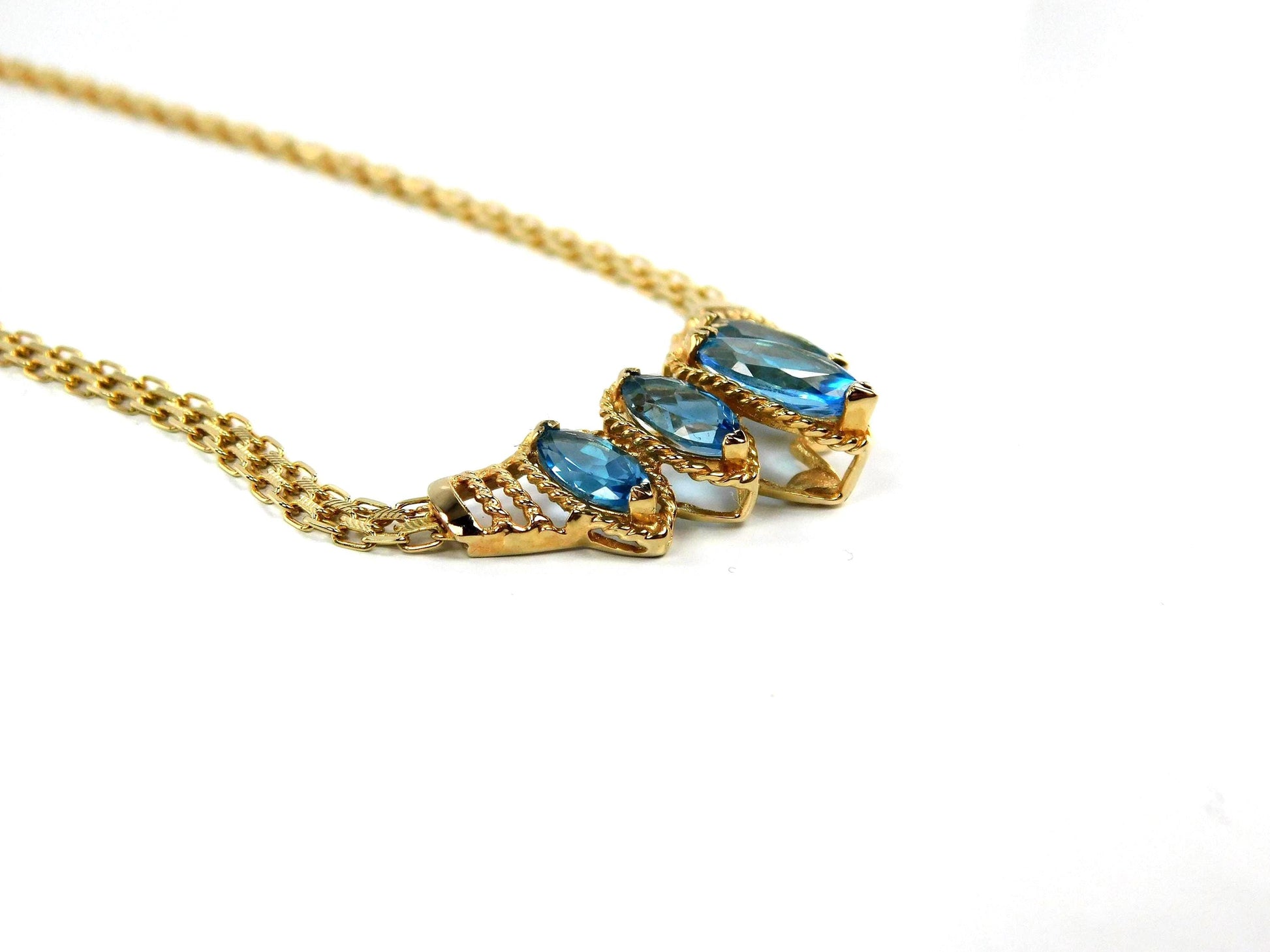 Vintage 14k Yellow Gold Marquise Cut Blue Topaz Necklace - 1990s, 17.5"-BelmarJewelers