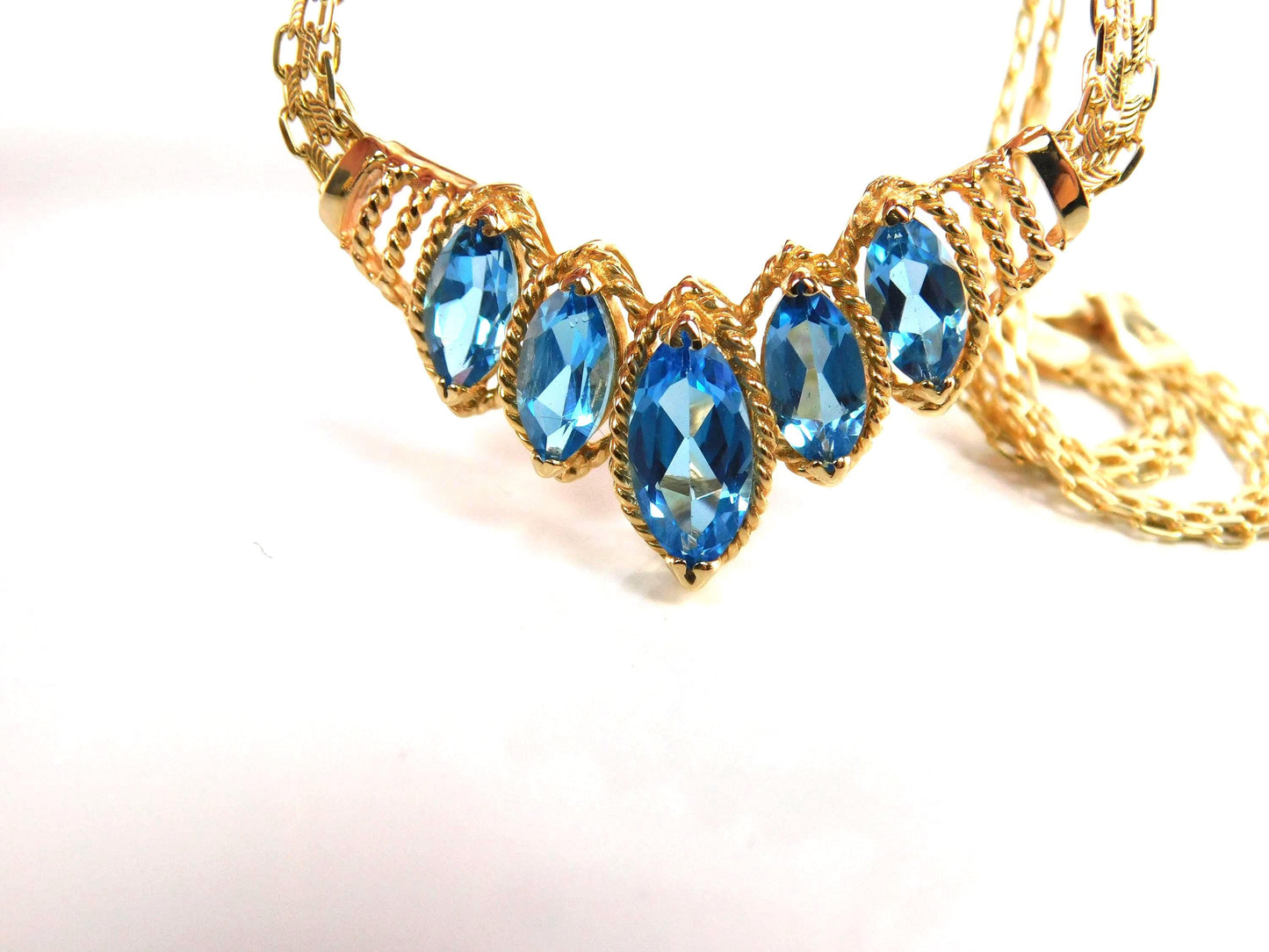 Vintage 14k Yellow Gold Marquise Cut Blue Topaz Necklace - 1990s, 17.5"-BelmarJewelers