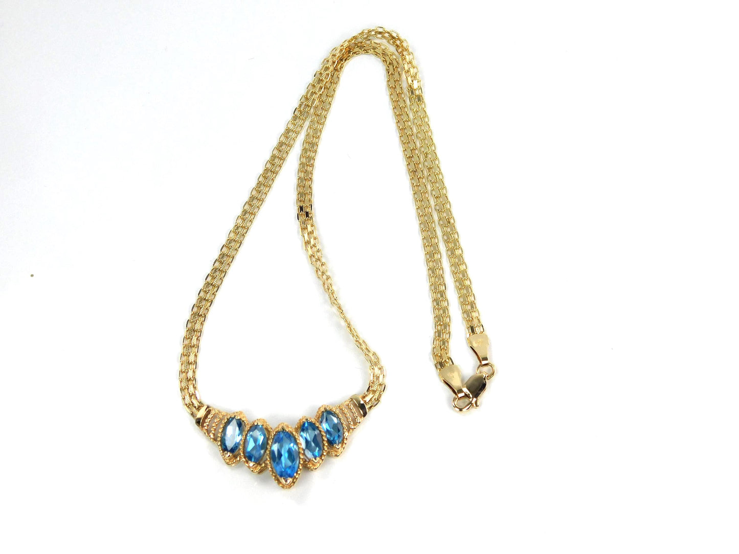 Vintage 14k Yellow Gold Marquise Cut Blue Topaz Necklace - 1990s, 17.5"-BelmarJewelers