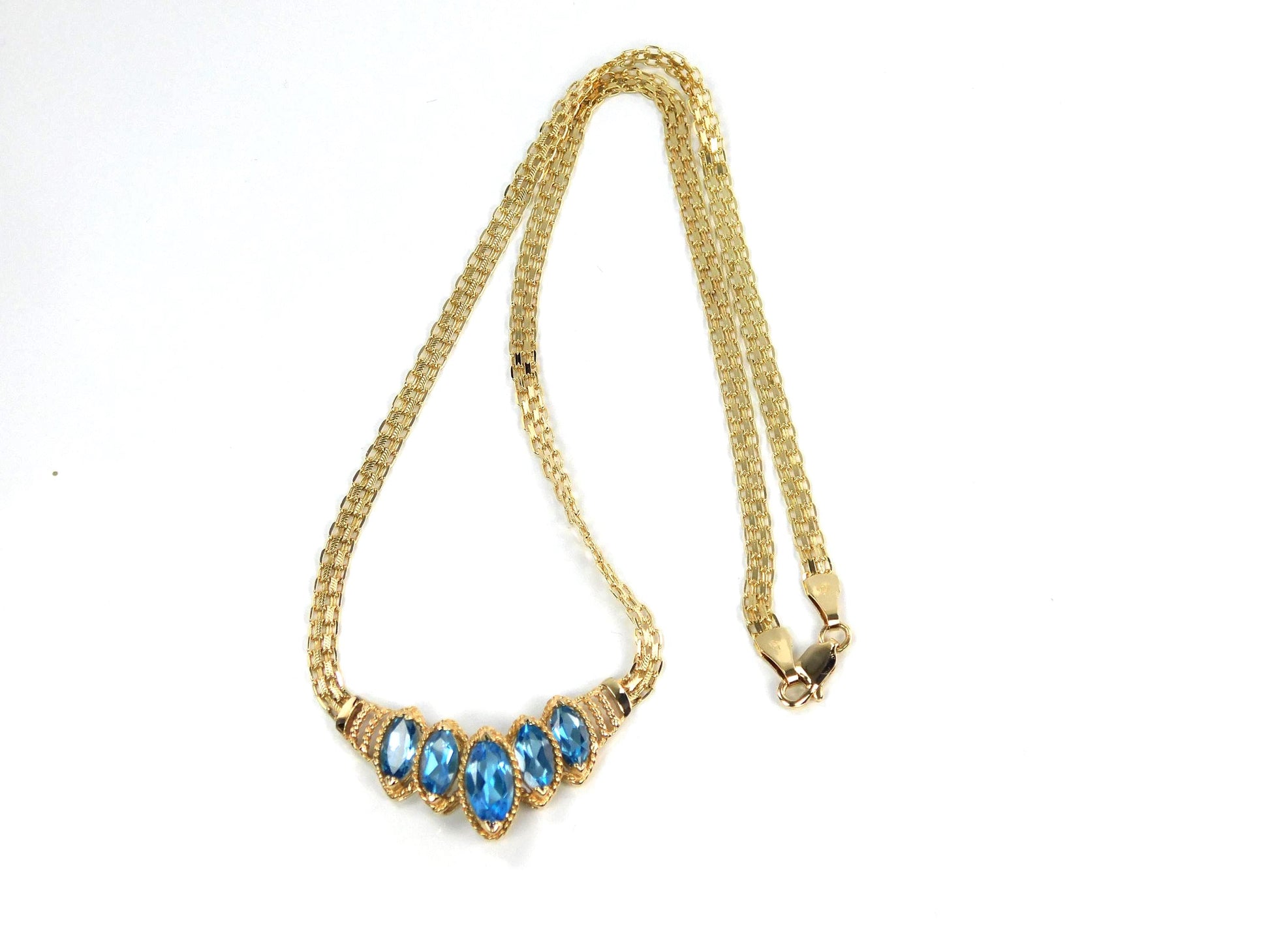 Vintage 14k Yellow Gold Marquise Cut Blue Topaz Necklace - 1990s, 17.5"-BelmarJewelers