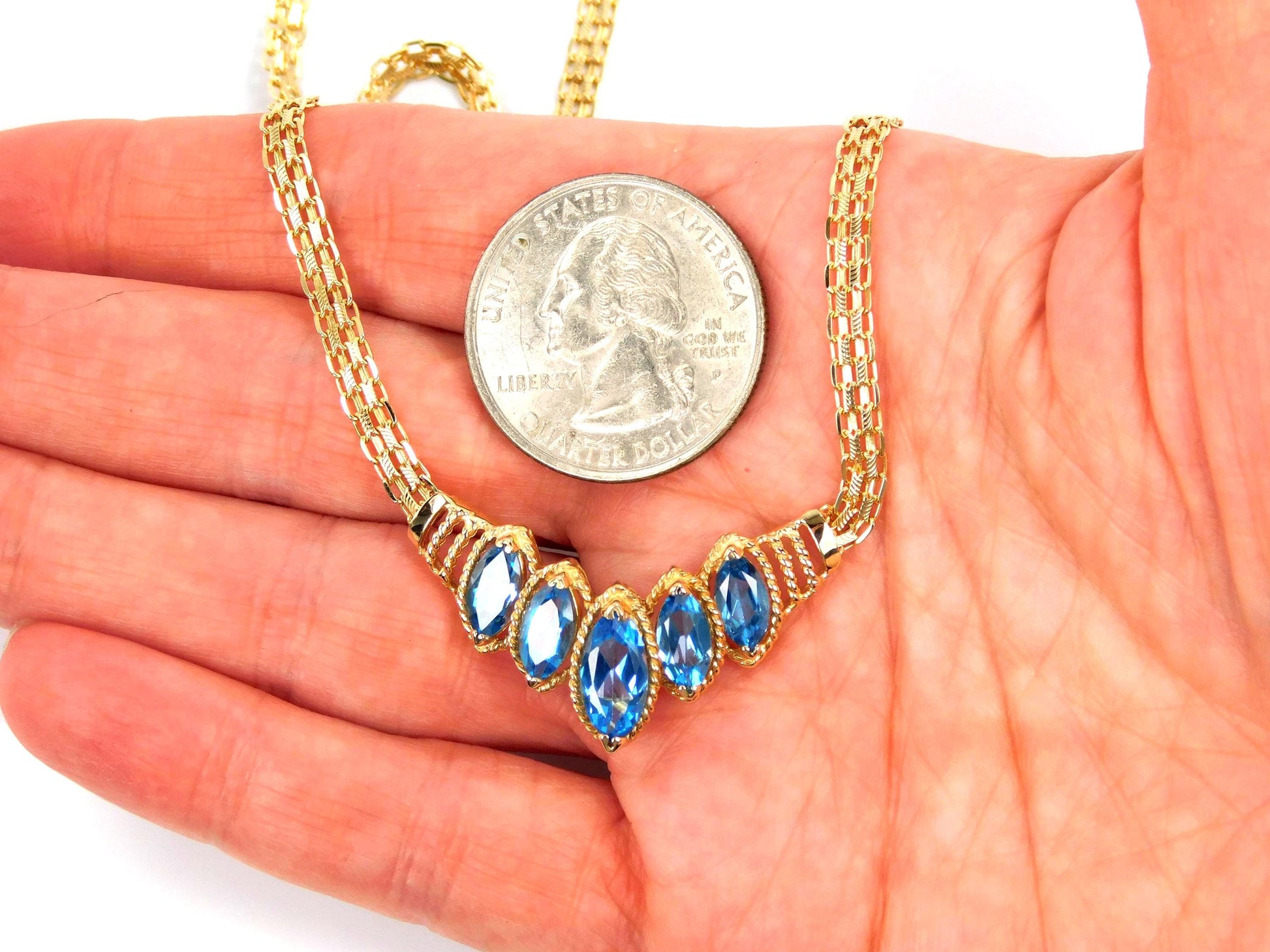 Vintage 14k Yellow Gold Marquise Cut Blue Topaz Necklace - 1990s, 17.5"-BelmarJewelers