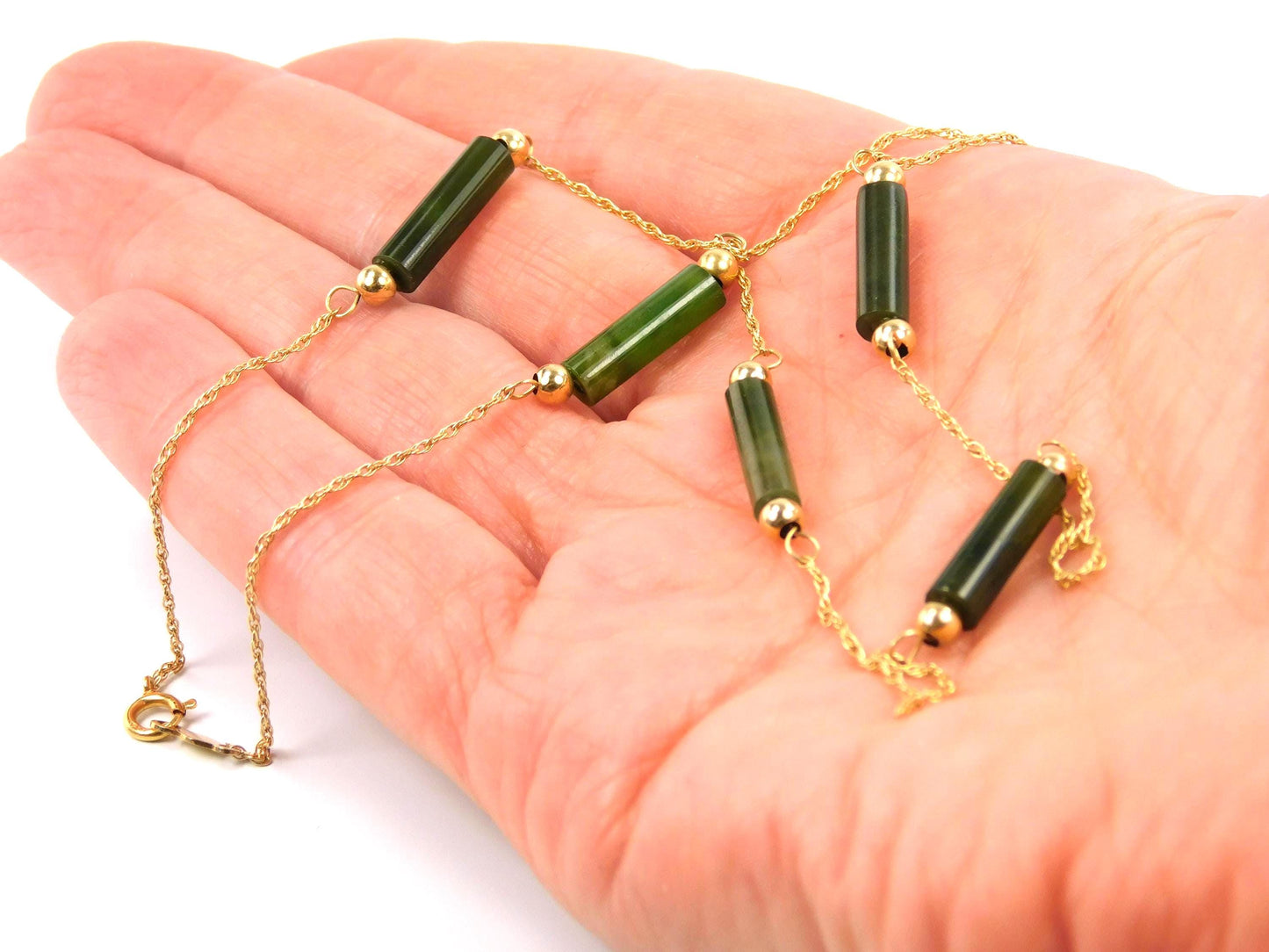 Vintage 14k Yellow Gold Jade Station Necklace, 15.25" Choker-BelmarJewelers