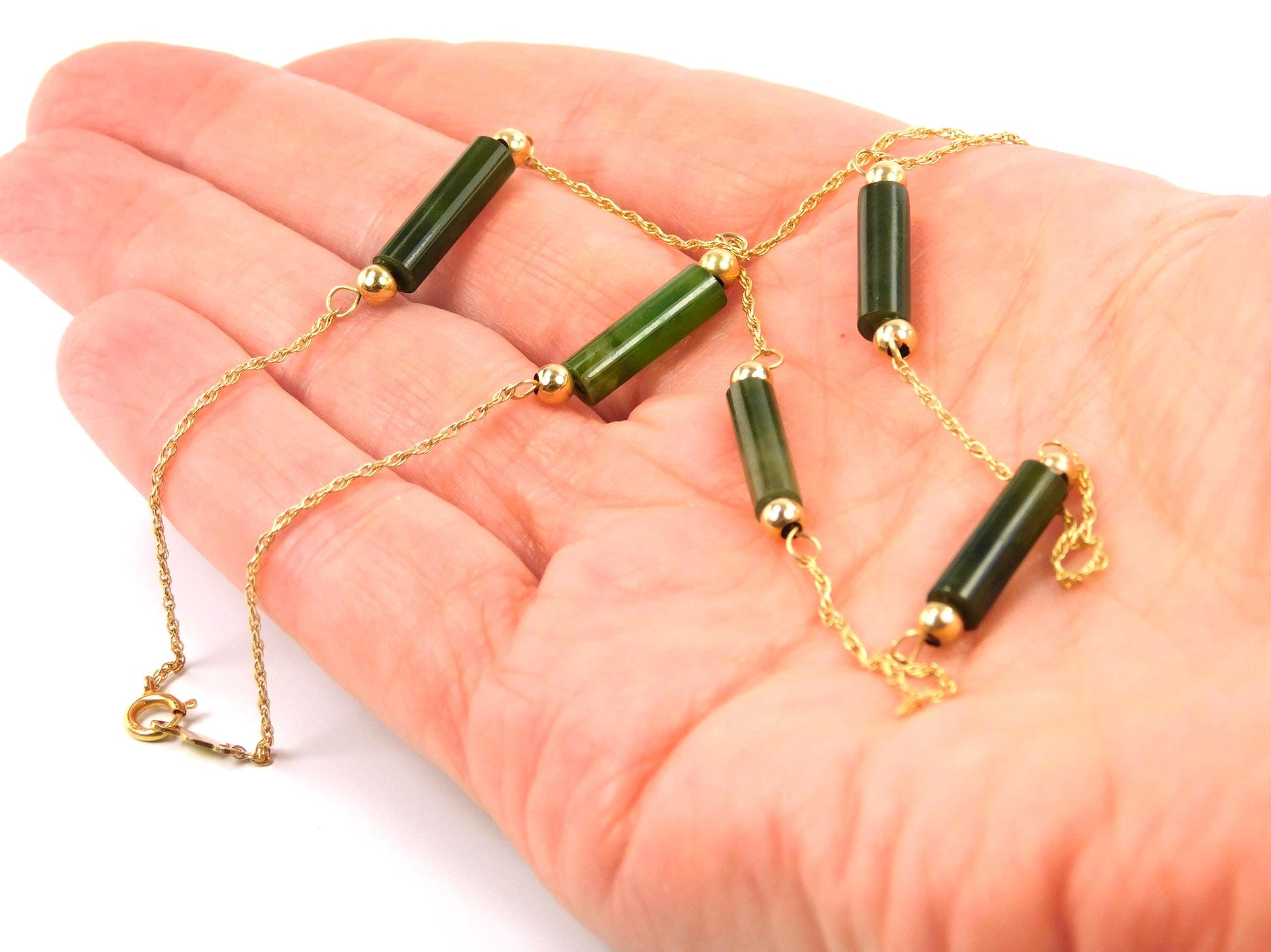 Vintage 14k Yellow Gold Jade Station Necklace, 15.25" Choker-BelmarJewelers