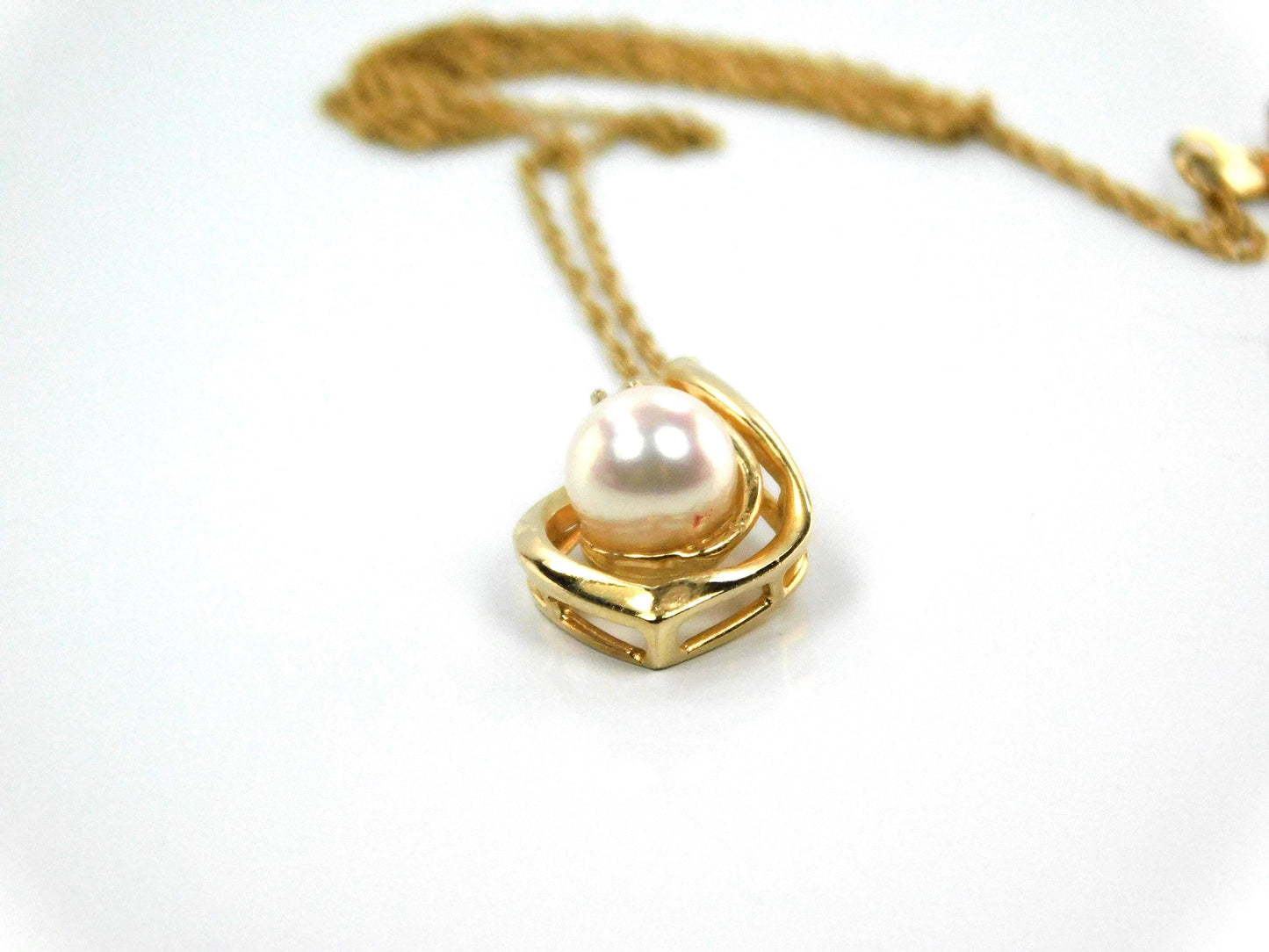 Vintage 14k Yellow Gold Cultured Pearl and Diamond Drop Necklace, 16"-BelmarJewelers