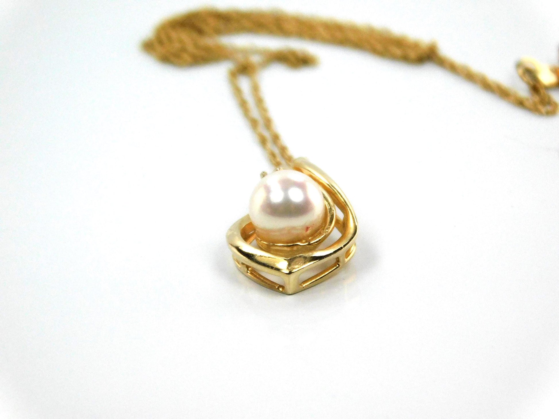 Vintage 14k Yellow Gold Cultured Pearl and Diamond Drop Necklace, 16"-BelmarJewelers