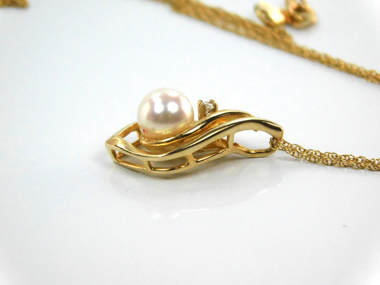 Vintage 14k Yellow Gold Cultured Pearl and Diamond Drop Necklace, 16"-BelmarJewelers