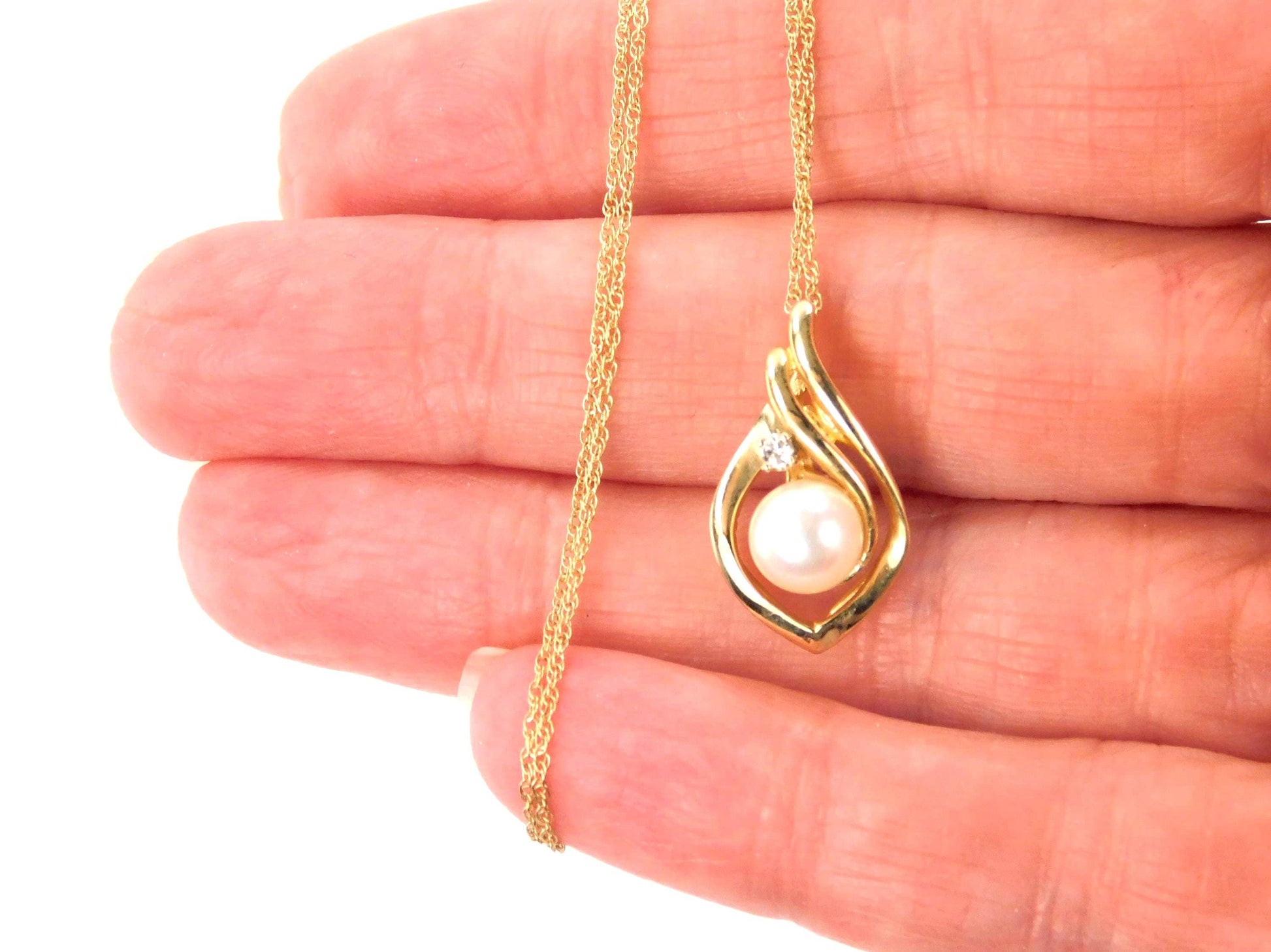 Vintage 14k Yellow Gold Cultured Pearl and Diamond Drop Necklace, 16"-BelmarJewelers