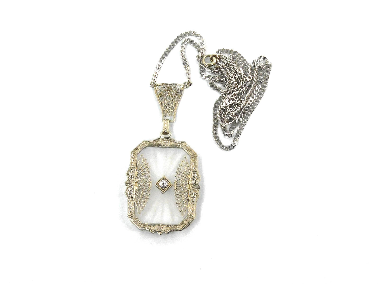 Art Deco Solid White Gold Rock Crystal Diamond Necklace 1930's-BelmarJewelers