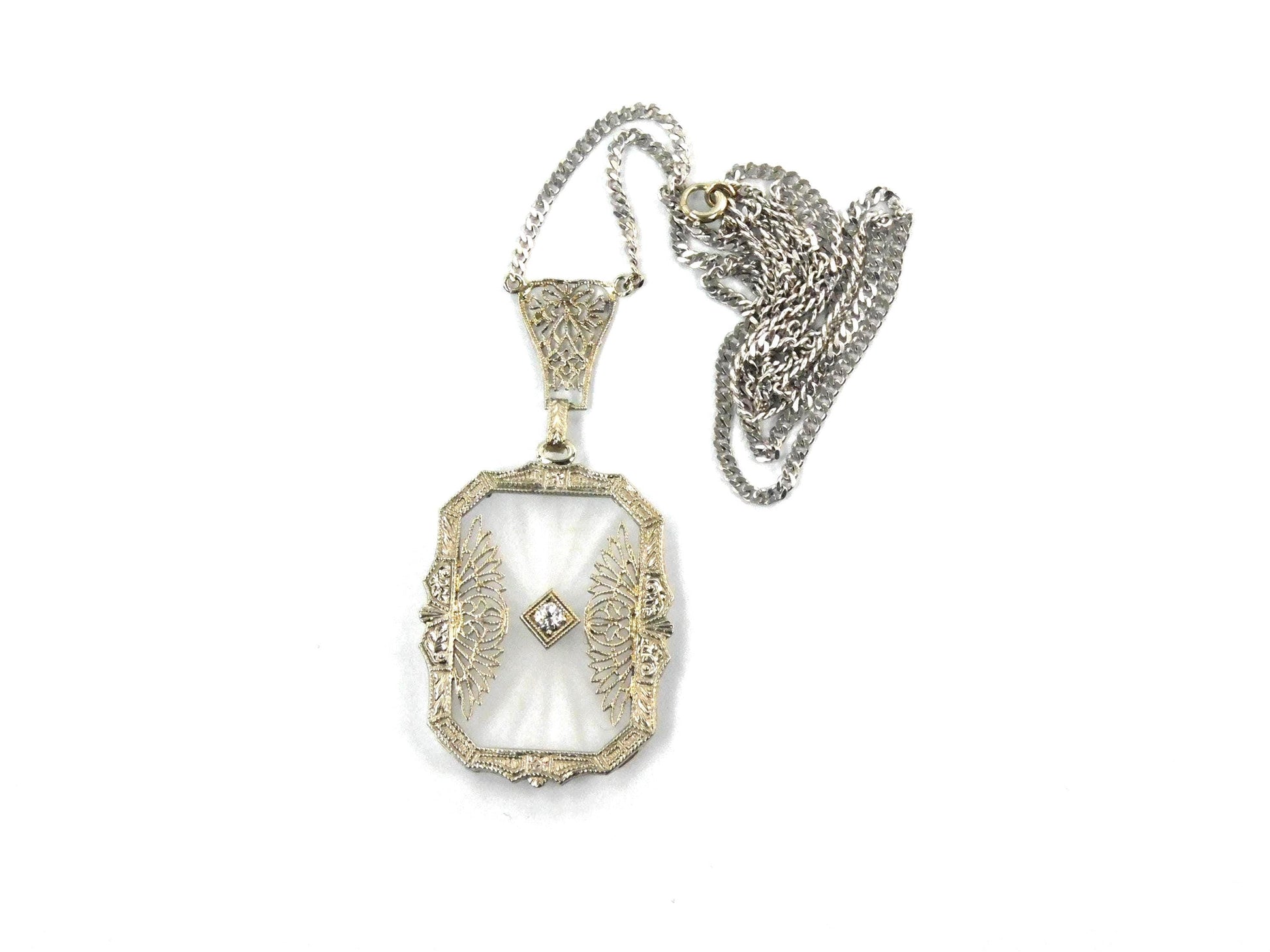 Art Deco Solid White Gold Rock Crystal Diamond Necklace 1930's-BelmarJewelers