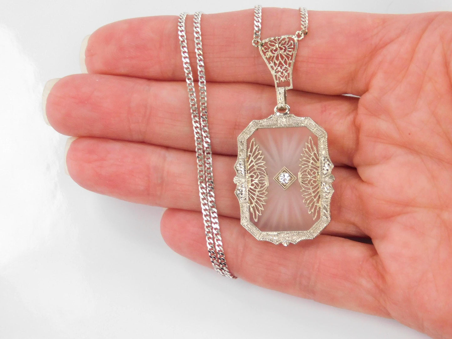 Art Deco Solid White Gold Rock Crystal Diamond Necklace 1930's-BelmarJewelers