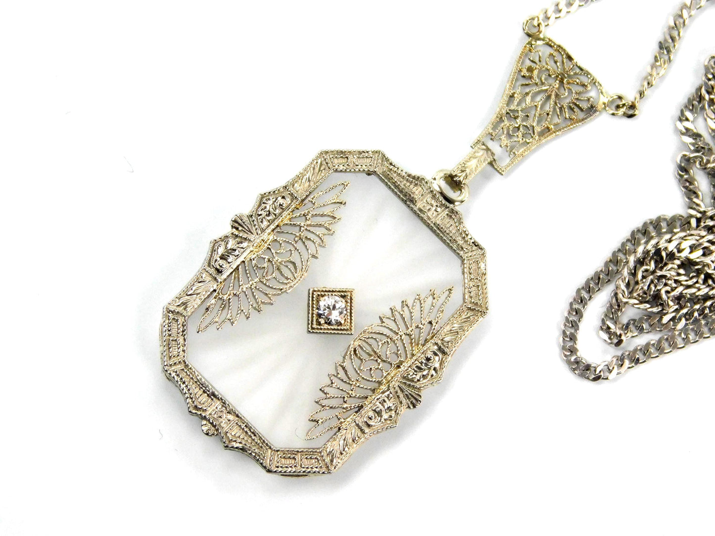 Art Deco Solid White Gold Rock Crystal Diamond Necklace 1930's-BelmarJewelers