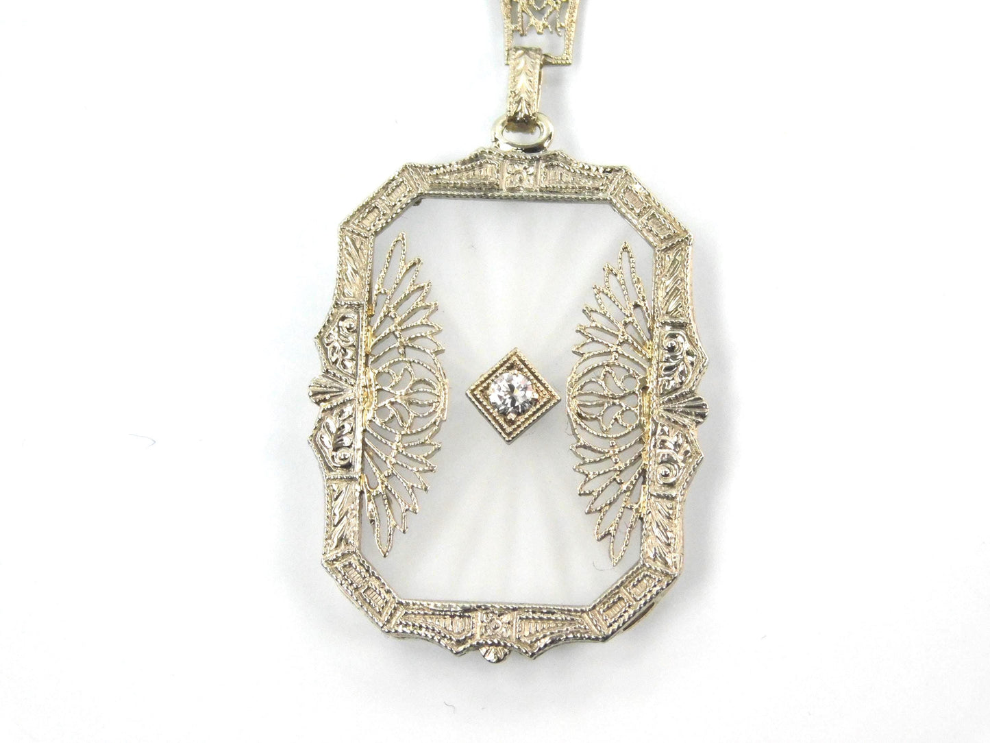 Art Deco Solid White Gold Rock Crystal Diamond Necklace 1930's-BelmarJewelers